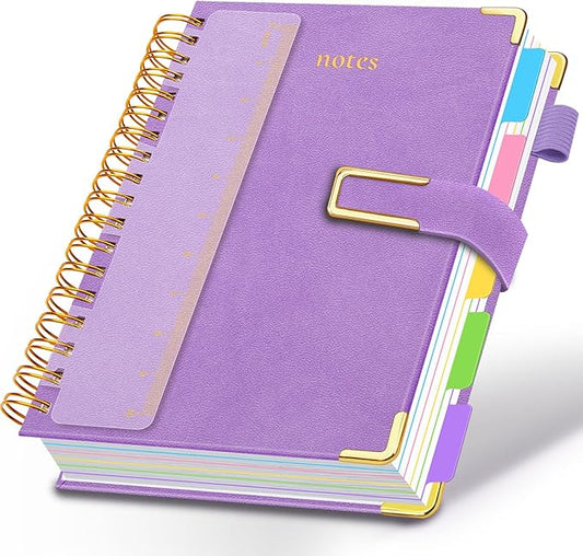 Hardcover Spiral Notebook College Ruled, 8.5"x11" Leather Journal Notebook with Magnetic Closure, 300 Pages 5 Subject Notebook with Dividers Tabs Journal for Women Men, Work, School(Lavender Purple)