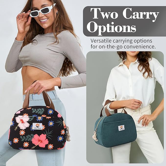 CaCTOUR Lunch Box for Women Girls Teens,Cute Lunch Box Cooler Bag, Portable Insulated Small Lunch Bag Women Reusable Corduroy Lunch Tote for Work/Travel/Picnic/School (Flower/Lake Green,Small)