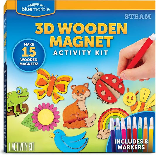 Blue Marble Wooden Magnet Craft Kit - Create & Paint 15 Nature-Themed Magnets with 8 Watercolor Pens, Magnet Art Kit, DIY Magnets for Kids, Magnet Arts and Crafts, Magnet Painting Kit for Kids