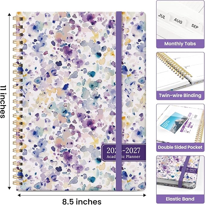 Planner 2026-2027, Academic Year Monthly and Weekly Calendar Planner, Jul 2026 - Jun 2027, Hardcover Teacher Student Planning Agenda book with Tabs, Perfect for School Office Supplies, 8.5" x 11" - Purple Blocks