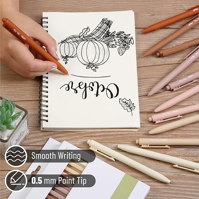 Mr. Pen- Retractable Gel Pens, 12 Pack, Black Ink, Natural Colors Barrels, Fine Point 0.5mm, Fast Dry, Smooth Writing, Cute Pens for Drawing, Writing Planner and School Supplies