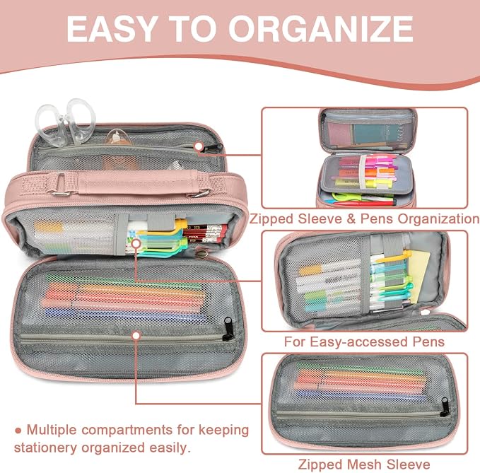 VASCHY Pencil Case, Large Pencil Pouch with Compartments for Middle School,Work,Office Pen Organizer Holder School Supply Pink
