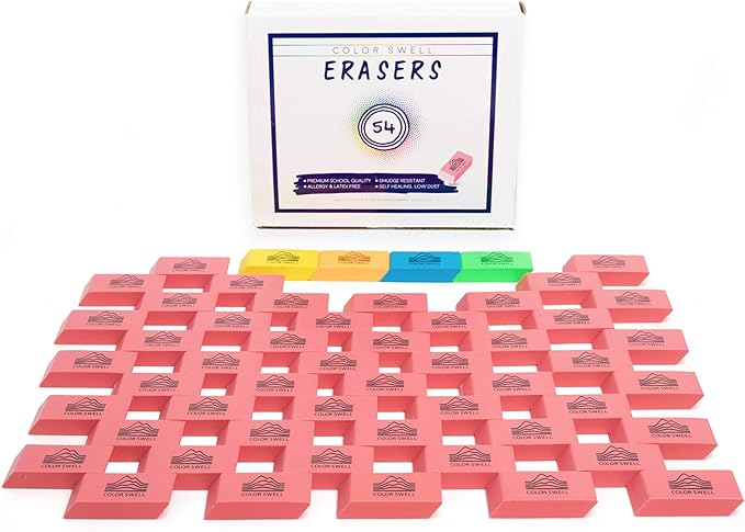Color Swell Bulk Neon and Pink Erasers - Pink Erasers for Kids School Office 54 Pack