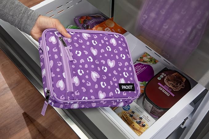 PackIt Freezable Classic Lunch Box, Leopard Hearts Purple, Built with EcoFreeze Technology, Collapsible, Reusable, Zip Closure With Front Pocket and Buckle Handle, Designed for Fresh Lunch On the Go