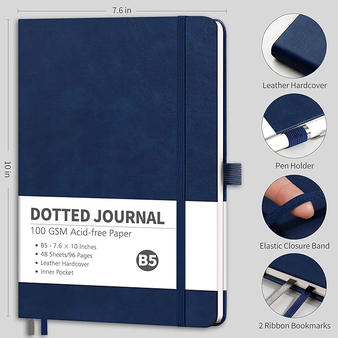 RETTACY Dotted Journal Notebook, 96 Pages, B5 Medium Size (7.6'' x 10''), Leather Hardcover, 100 GSM Thick Paper, for Journaling, Planning, Tracking (Navy Blue)
