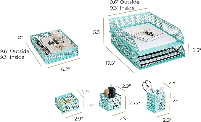 BLU MONACO Aqua Desk Organizer Set for Women | 6-Piece Interlocking Office Supplies Set | Pen Cup, Accessory Trays & Letter Trays | Steel Desktop Paper Organizer | Aqua Desk Organization System