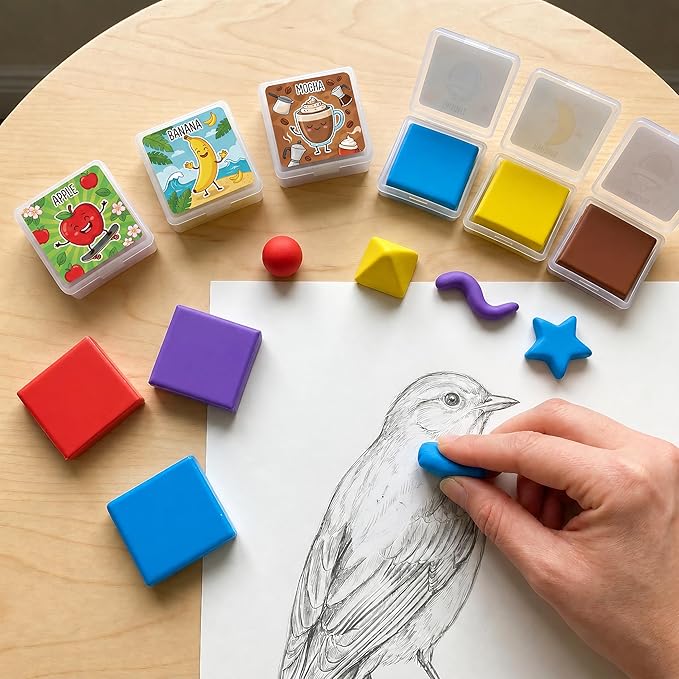 12 pcs Scented Kneaded Erasers Set, Kneadable Art Erasers in Individual Plastic Cases, Soft Moldable Drawing Eraser for Sketching, Charcoal, Graphite, Clean Erasing Stationery (12, Pizza Theme)