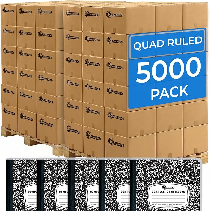 Rosmonde 5000 Pack (Pallet) Composition Notebooks Bulk, Quad Ruled, 200 Pages (100 Sheets), 9-3/4 x 7-1/2, Bulk Purchasing for School Districts & Office, Black Marble Notebooks, 4-7 Days Transit