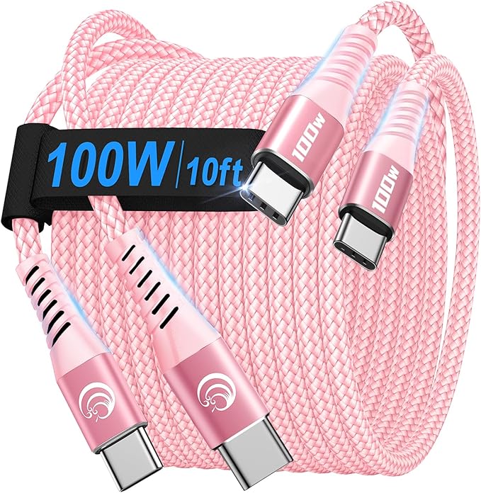 USBC to USBC 100W [10ft/2 Pack] USB C to USB C Fast Charging Cable Braided C to C Charger Cord for MacBook Pro/Air, iPhone 16 15 Pro Max Plus,iPad Pro,Samsung Galaxy S25 Ultra S24 S23,Pixel,PS5,Switch