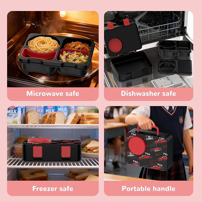 Kids Insulated Lunch Box with 8OZ Thermo Food Jar | Leakproof Bento Box with Ice Pack Sauce Cup Utensils Removable Tray & Dividers for School Daycare Travel, Racing Cars