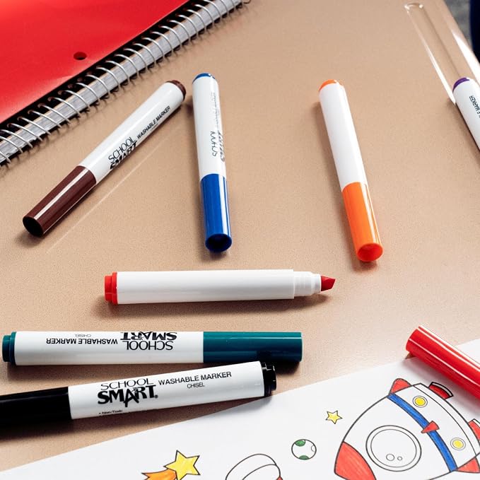 School Smart Chisel Tip Washable Markers for School, Home, and More, Assorted Colors, Pack of 8