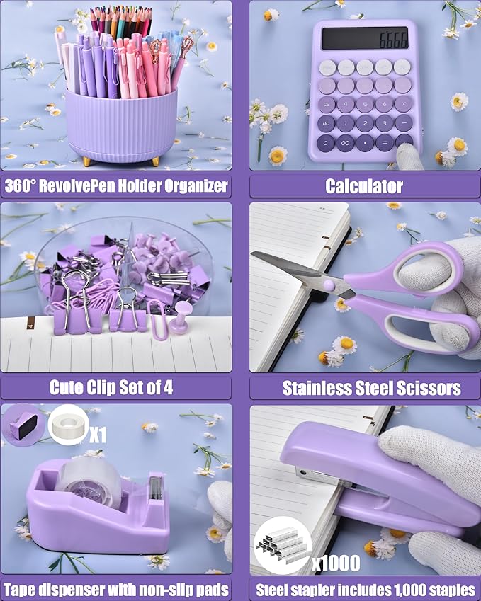LXEVIHK Purple Desk Accessories, 20Pce Office Supplies and 360°Pen Holder Desk Organizers, With Tape Dispenser, Stapler, Staple Remover, Ect, Fill Your Desktop With Lovely Colors