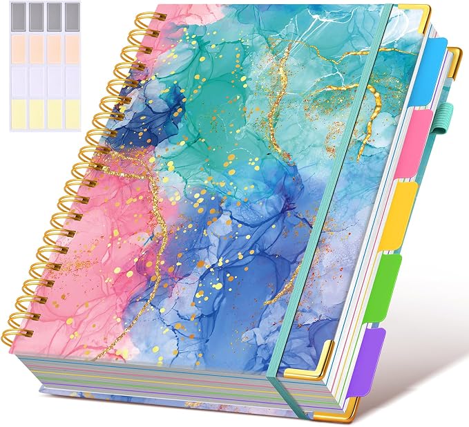Spiral Notebooks 8.5"x11" for Work with Removable Dividers Tabs,300 Pages 5 Subject Notebook College Ruled,100GMS Notebook journal for School Note taking,Lined Journal for Women,A4 Pink Blue Marble