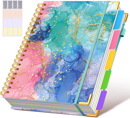 Spiral Notebooks 8.5"x11" for Work with Removable Dividers Tabs,300 Pages 5 Subject Notebook College Ruled,100GMS Notebook journal for School Note taking,Lined Journal for Women,A4 Pink Blue Marble