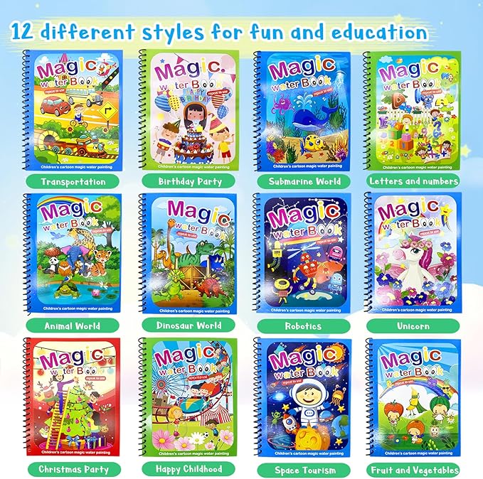 Dduolammng 12 Pack Water Coloring Books, Reusable Water Painting Book for Toddlers, Educational Learning Kits Gifts