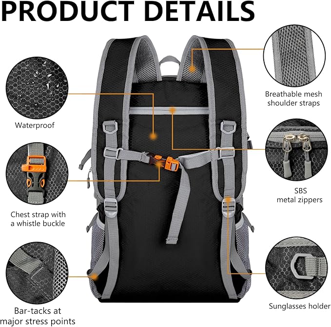 Goloni Ultra Lightweight Packable Backpack 40L - Foldable Hiking Backpack Water Resistant Small Foldable Daypack for Travel,Black
