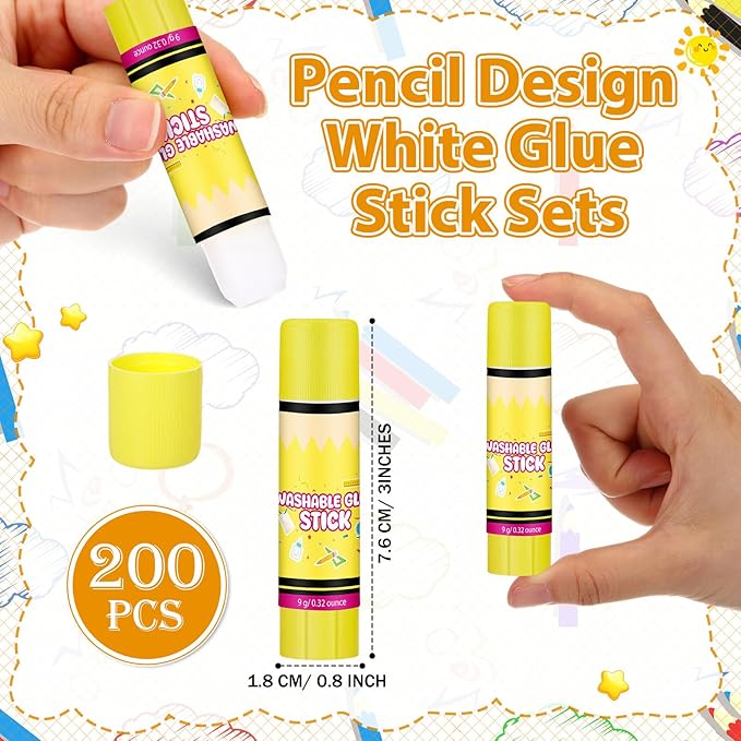 Zubebe 200 Pcs White Glue Stick Bulk Back to School Gifts First Day Sets 0.32 oz Washable Glue Stick for Crafts Home Classroom Prize Party Supplies Scrapbooking Crafting Supplies (Cute Pencil)