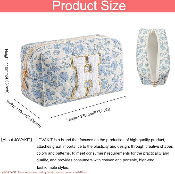 JOVAKIT Alphabet Makeup Bag Cosmetic Bag for Women, Christmas Gifts for Girls Age 6-18, Floral Flowers Coquette Travel Toiletry Zipper Make Up Pouch Organizer Trendy Stuff (Blue Floral H)