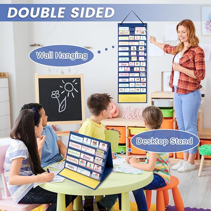 Visual Schedule Pocket Chart with 146 Cards for Classroom Kids, 2 in 1 Autism Daily Morning Routine Chore Chart Board Responsibility Planner Behavior Communication Cards Learning Material