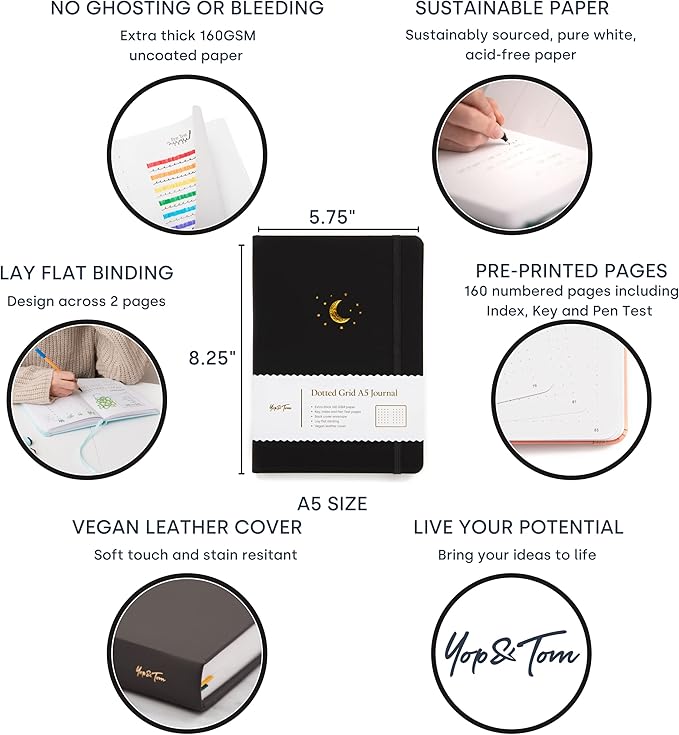 Yop & Tom Bullet Dotted Journal (A5) - Moon and Stars - Dot Grid Notebook With Extra Thick Paper (160 GSM) - Charcoal