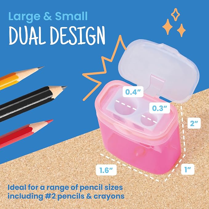 Craftzilla 50 Pack Bulk Pencil Sharpeners, Dual-Hole Manual Sharpener for Standard & Jumbo Pencils, Back to School Supplies for Classrooms & Offices with Lid, 5 Assorted Colors