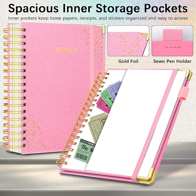 Hardcover Spiral Notebook with Removable Dividers & Tabs, 8.5"x11" 5 Subject Notebooks for Work, 300 Pages College Ruled Notebook, A4 Sparkle Lined Journal for Women Girls Note-Taking (Pink)
