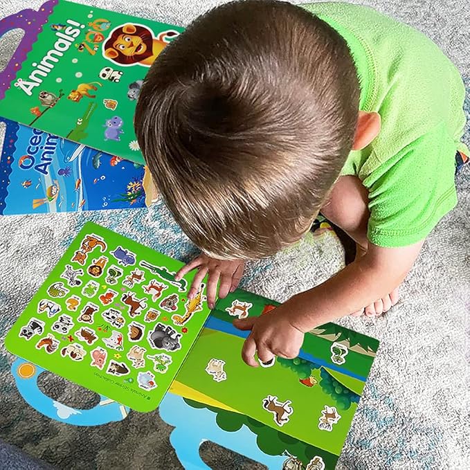Reusable Sticker Books for Kids, 2 Sets Travel Removable Toddler Sticker Books for 3 4 5 Year Old Girls Boys Birthday Gifts Educational Learning Toys - Ocean & Zoo Animals
