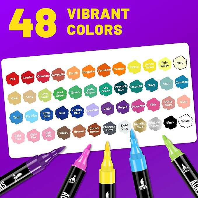 Pagather Acrylic Paint Markers, 48 Colors Dual Tip Fine & Brush Pens Set