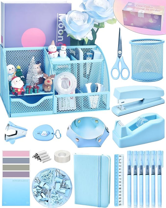 Blue Desk Accessories, 26Pcs Office Supplies and Desk Organizers, with Tape Dispenser, Stapler, Staple Remover, Ect, Gift Box Packaging