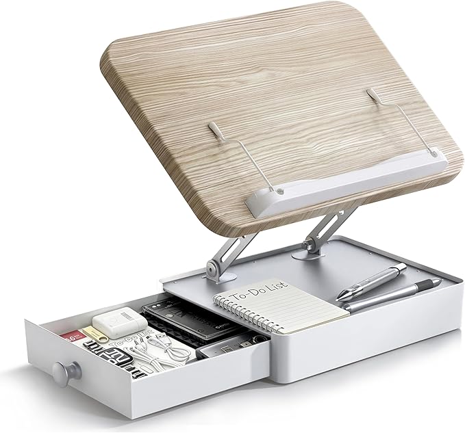 Book Stand with Storage Drawer, Adjustable Wooden Reading Stand for Desk, Ergonomic Height & Angle Book Holder for Textbooks, Cookbooks, Documents (White Ash Finish, 9.8" x 13.8" Large Panel)