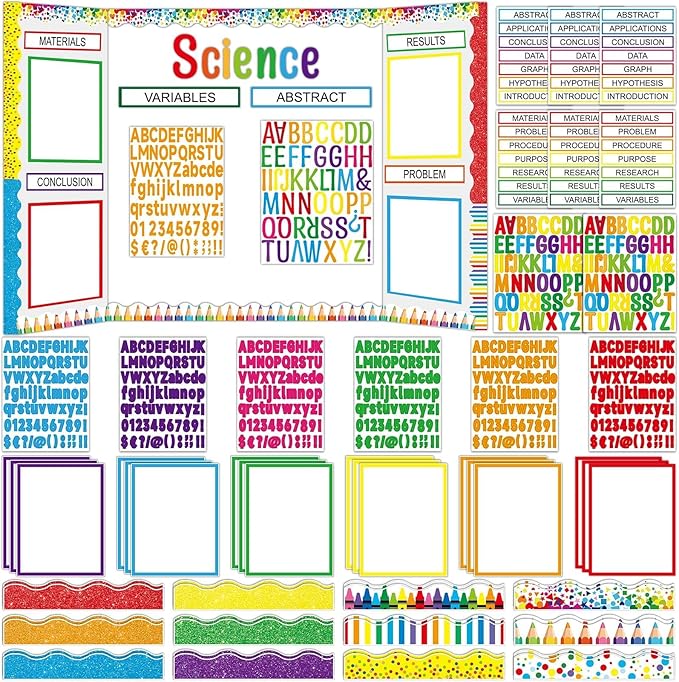 122 Pcs Science Fair Board Supplies 72 Glitter Colorful Pencil Trim Scalloped Borders 36 Presentation Board Subtitle 6 Self Adhesive Project Title 8 Letter Sticker for Classroom Office Decor(Colorful)