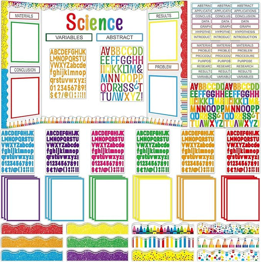 122 Pcs Science Fair Board Supplies 72 Glitter Colorful Pencil Trim Scalloped Borders 36 Presentation Board Subtitle 6 Self Adhesive Project Title 8 Letter Sticker for Classroom Office Decor(Colorful)