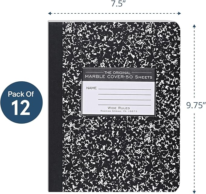 ROARING SPRING Hard Cover Composition Notebook, 12 Pack, Black Marble Comp Book, 9.75″ x 7.5″, Wide-Ruled with Margin, 50 Sheets (100 Pages), Made in USA