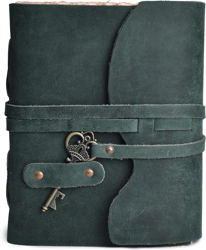 LEATHER VILLAGE Vintage Leather Journal – 200 Handmade Vintage Deckle Edge Paper – Leather bound Journal For Women Men – Vintage Key Closure - Book of Shadows - Turquoise - 13X8 inches