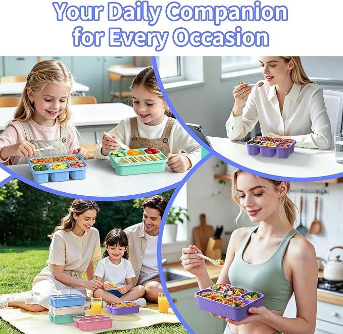 Bento Box 5-Pack, 4-Compartment Lunch Box for Women, Men & Kids, BPA-Free Wheat Straw Snack Containers, Ideal for Meal Prep, Travel, School, Work (Purple)