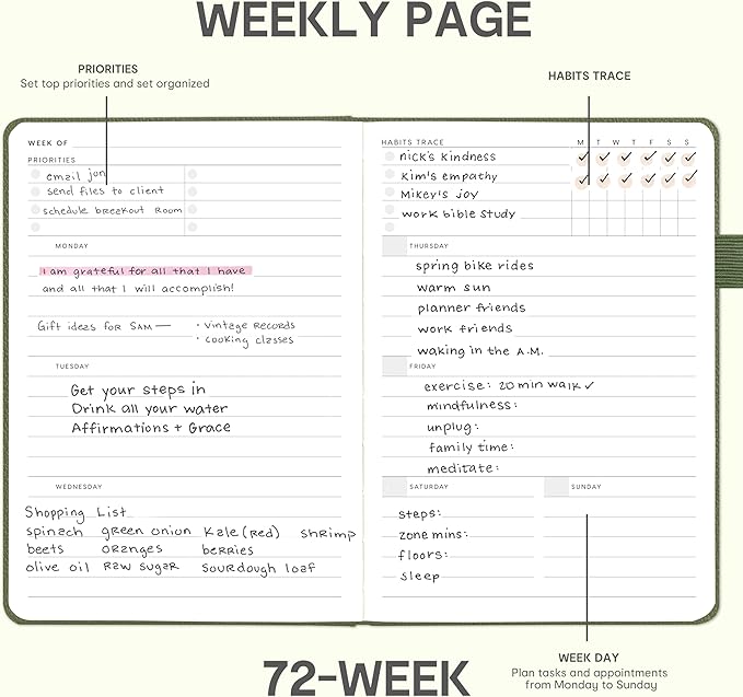 And Per Se Undated Planner, Weekly & Monthly Planner with Goal & Habit Tracker, A5 Leather Hardcover Productivity Journal for Academic Year (Olive Green)