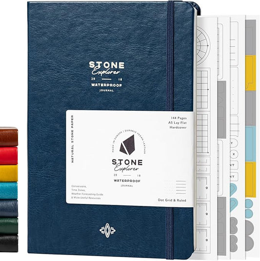 Stone Journal Explorer Notebook – A5 Waterproof Paper Field Journal, Vegan Leather Hardcover, 144 Pages Alternating Ruled & Dot Grid, Back Pocket, Weather-Resistant (Navy Blue)