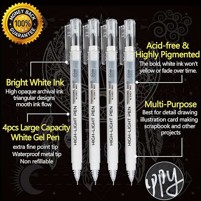 Qionew 0.6mm Fine Point White Gel Pens, 4 Pack Gel Ink Pen, for Artists Drawing, and Adult Coloring Books, Opaque White Ink for Black Paper,Sketching,Card Making, Bullet Journaling
