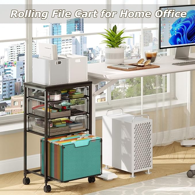 Sbanmao Rolling File Cart with 4 Storage Drawers, Mobile File Cabinet with Wheels, Hanging File Organizer, Under Desk Printer Stand Utility Cart Filing Cabinet for Home Office, Black