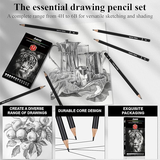 Aenir Sketch Pencils for Drawing, Set of 12 Drawing Pencils for Sketching Medium (6B - 4H), Artist Graphite Pencils, Sketch Set for Artists for Sketching Supplies, Art Supplies.