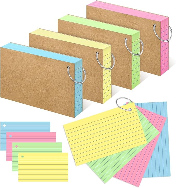 Colored Index Cards 3x5 Inch Heavyweight Flash Cards with Ring Lined Flashcards Note Cards for Studying School Supplies College, 200 Count