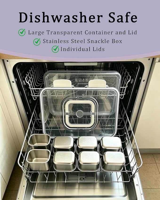 Snackle Box Container, 5-Compartment Stainless Steel Snack Box, Dishwasher Safety Snack Tray with Lid and Handle, Large Divided Serving Tray for Travel, Picnic, Beach, Pool and Parties