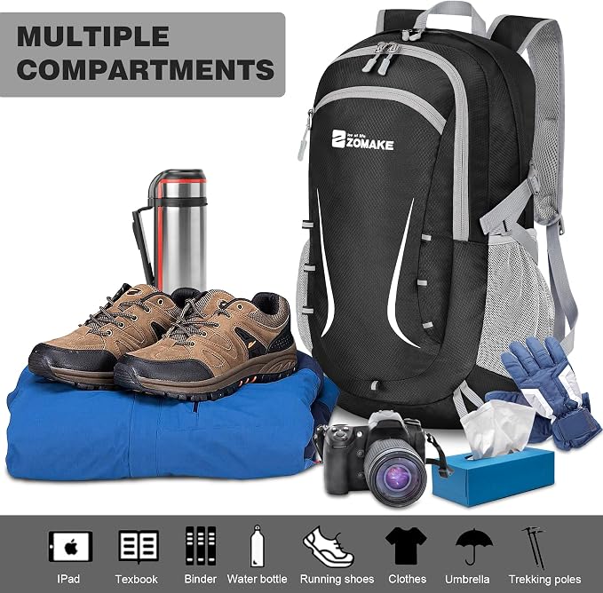ZOMAKE Lightweight Packable Backpack 35L, Foldable Backpacks Water Resistant Collapsible Light Daypack for Hiking(Black) | Light Hiking Backpacks Collapsible Day Pack for Travel, Everyday Carry, Multi Compartment Storage, Adjustable Strap (Black B)