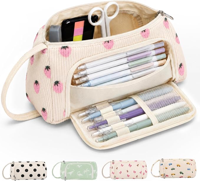 Big Capacity Pencil case,Soft Corduroy Pencil Bag with 3 Compartment Pouch Bag for School Supplies Office for Teen Girls Boys Women Man (Pink Strawberry)