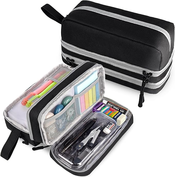 Genteen Large Capacity Pencil Case,Multifunction Pencil Pouch,Pencil Bags with Zipper 3 Compartments Pencil case organizer for or School Teen Girl Boy Men Women（Black）
