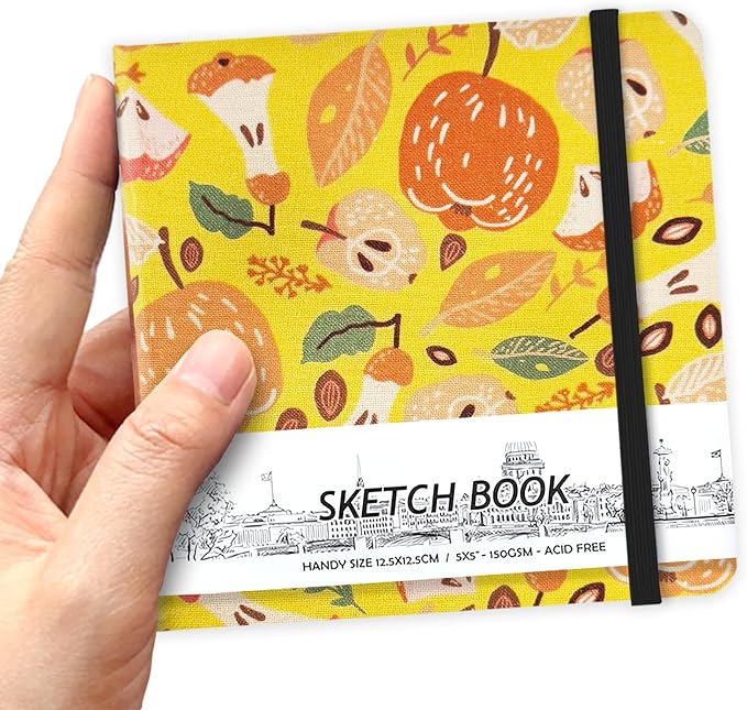 5" x 5" Hardcover Sketch Book,Small Mixed Media Sketch Pad,58 Sheets 150GSM Acid-Free Artist Drawing Paper,Travel Journal Blank Notebook for Adults Painting,Illustration,Art Supplies.Fruit Pit