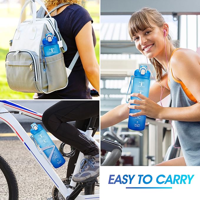 YC Kitchen Motivational Water Bottle with Time Marker- 32oz Water Bottles with Times to Drink, Leakproof & BPA Free Sports Water Bottle with Straw & Carry Strap for Fitness, Gym, and Outdoor Sports