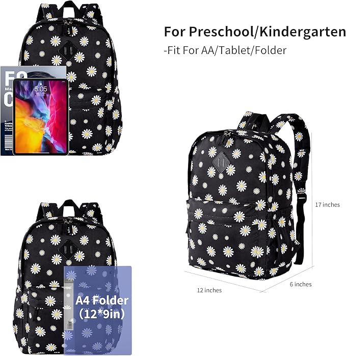 KK CRAFTS Preschool Backpack Kindergarten Little Kids Toddler Elementary School Backpacks for Boys and Girls with Chest Strap(17Inch, Daisy-Black)