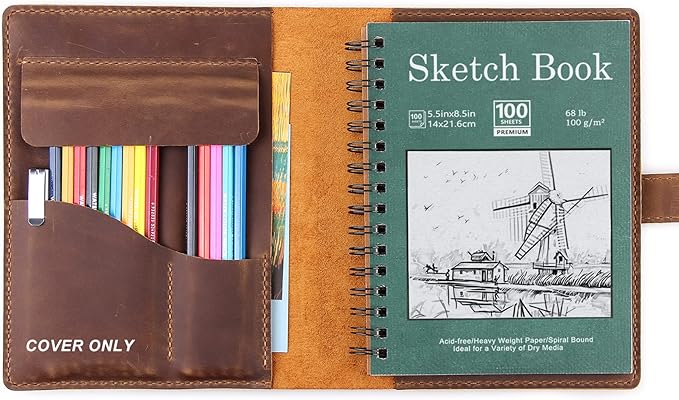 Robrasim Handmade Leather Sketchbook Cover, Leather Artist Sketch Pad Cover for 5.5" x 8.5" Sketchbook, Drawing Book and Pencil Case, Journal Notebook Portfolio, Artis Gifts-Brown