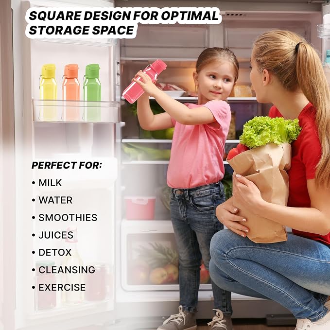 Bulk Set of 16 Multicolor 10oz Water Bottles for Kids and Adults - Leak Proof With Carry Strap - Square Reusable for Juice, Drinks - BPA-Free Dishwasher-Safe